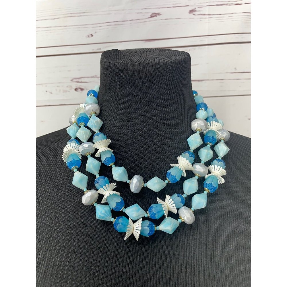 50's Japan Signed Women's 3-Strand Blues Beaded Necklace